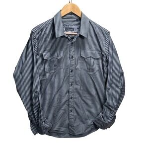 7 Diamonds Mens Long Sleeve Striped Button Down Shirt Grey Blue Embroidered L